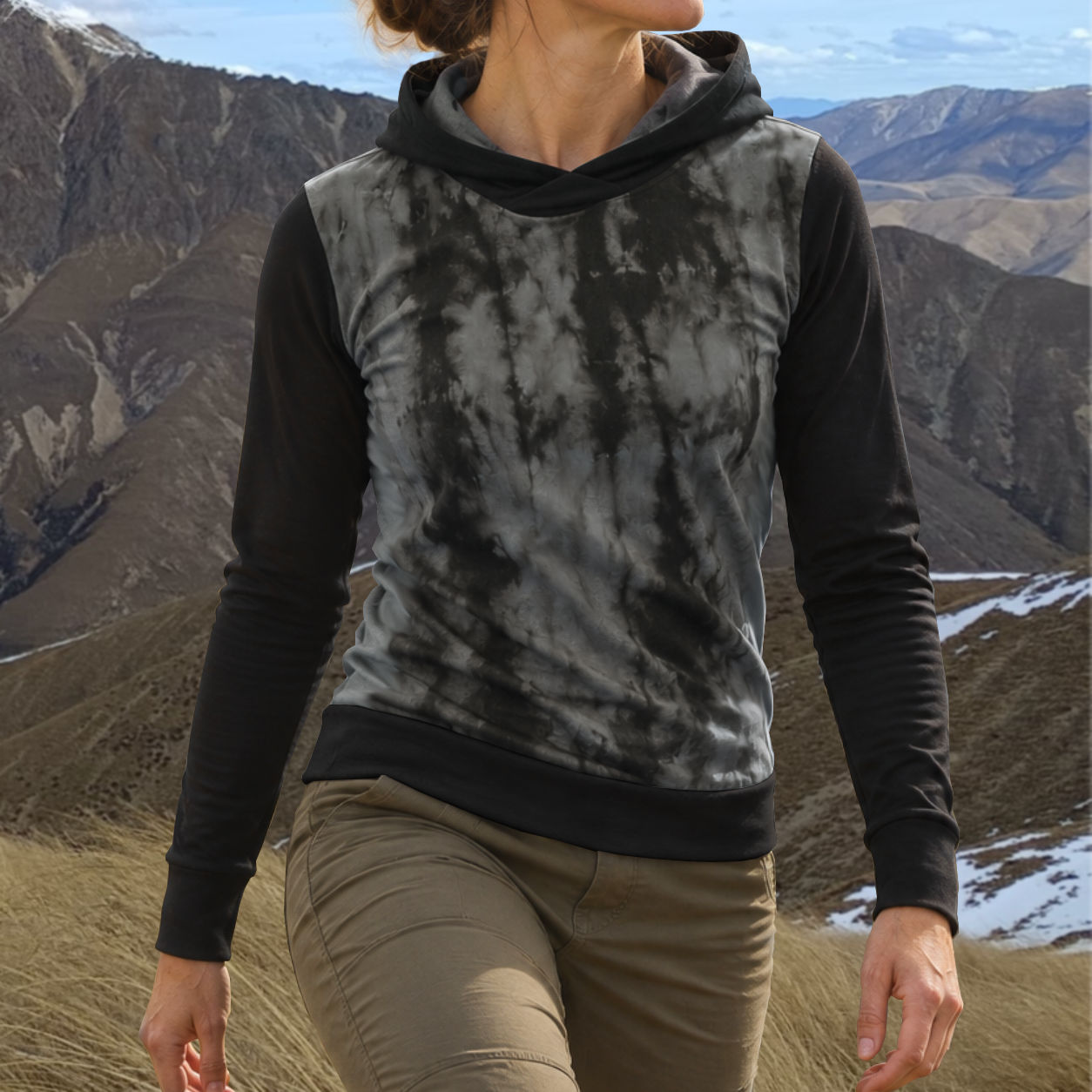 Wild Balance women’s Rangitata hoodie front view in Greywacke and Black Shibori.